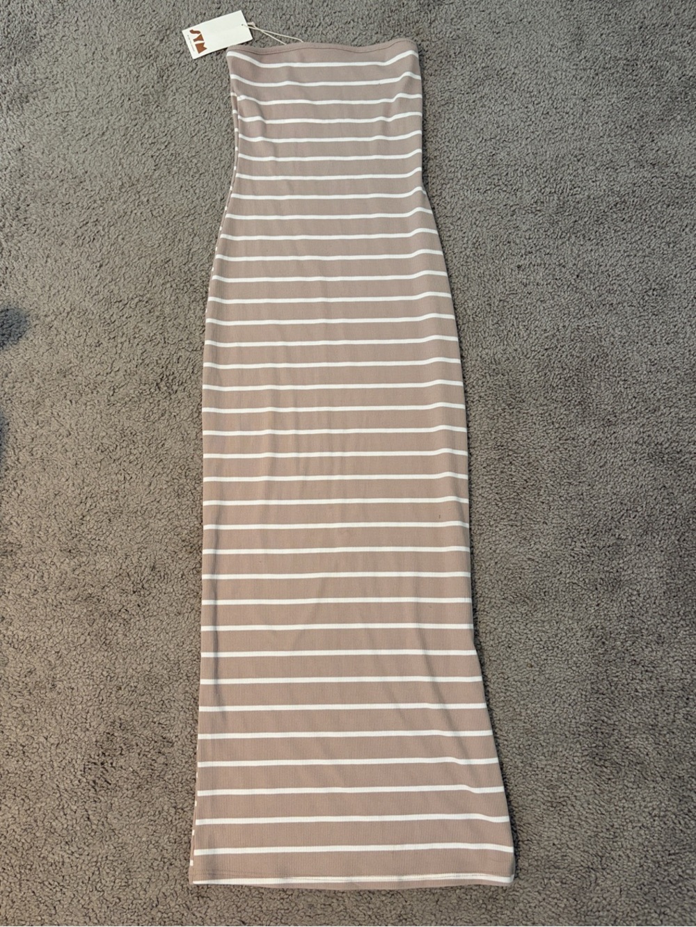 See You Monday Taupe and White Strapless Maxi Dress